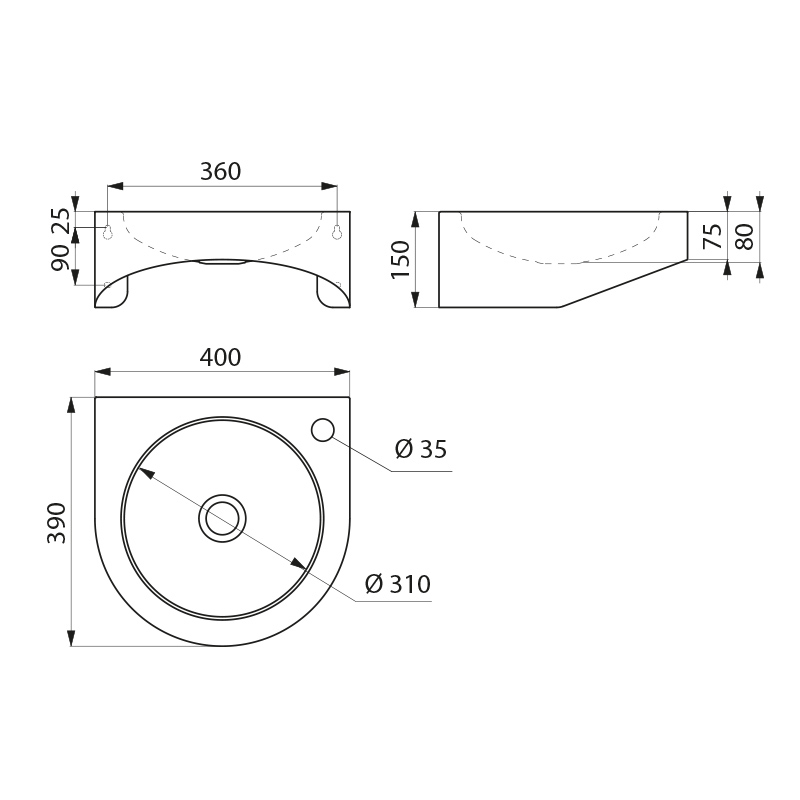 PMR XS wall-mounted washbasin - scheme