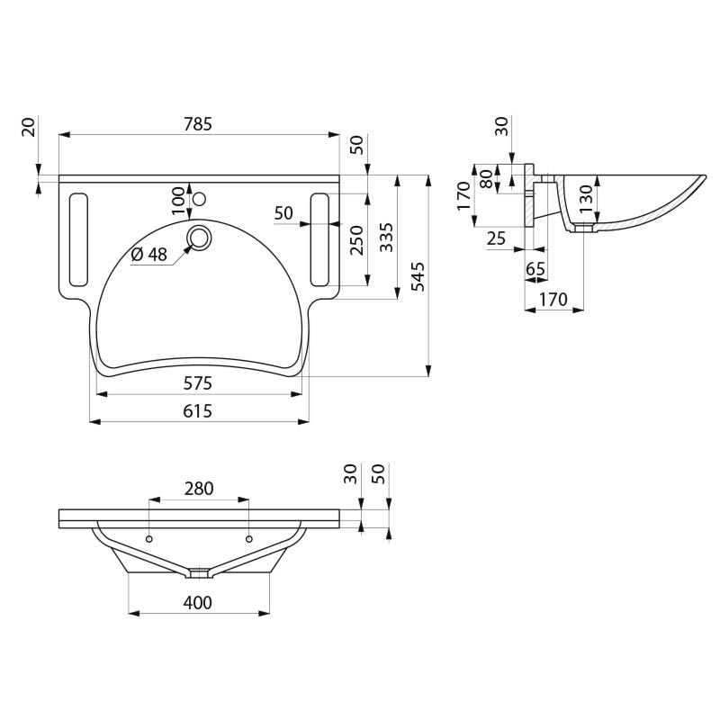 Wall mounted MINERALCAST PMR washbasin - scheme