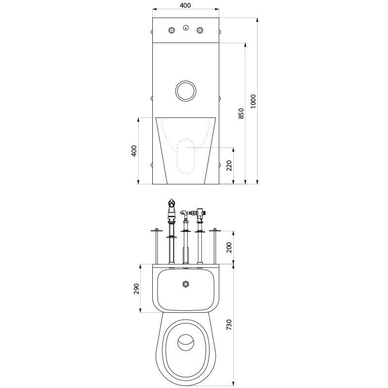 KOMPACT - Combinație lavoar si WC din inox, antivandalism, varianta cu WC pe centru - scheme