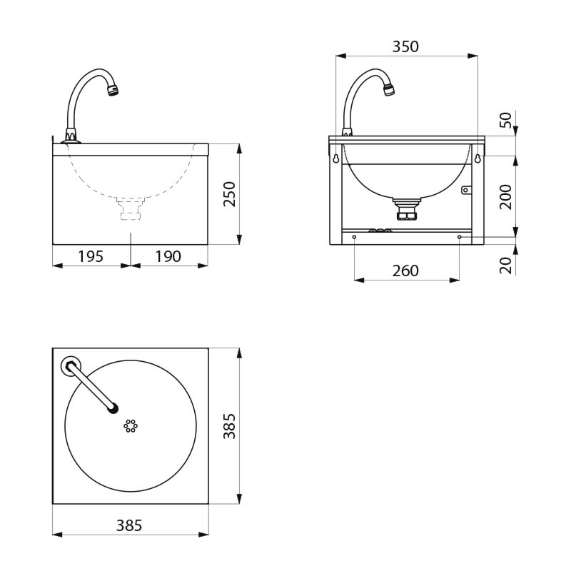 Wall-mounted SXS mechanical hand washbasin - scheme