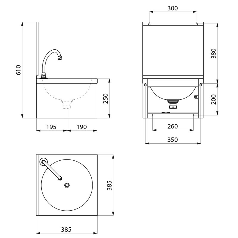 Wall-mounted SXS mechanical hand washbasin - scheme