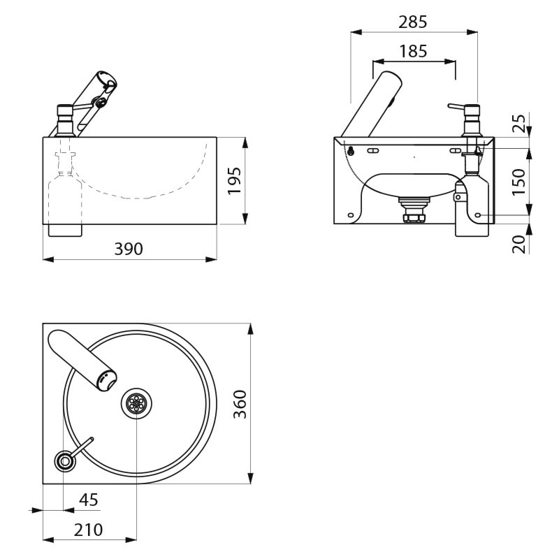 Wall-mounted SXS electronic hand washbasin - scheme