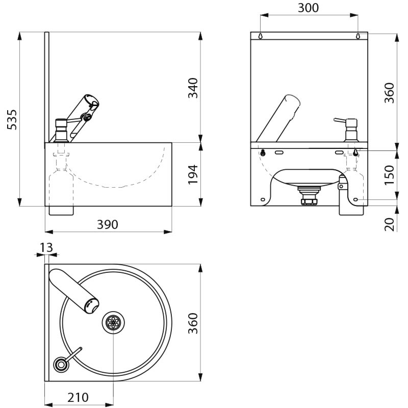 Wall-mounted SXS electronic hand washbasin - scheme