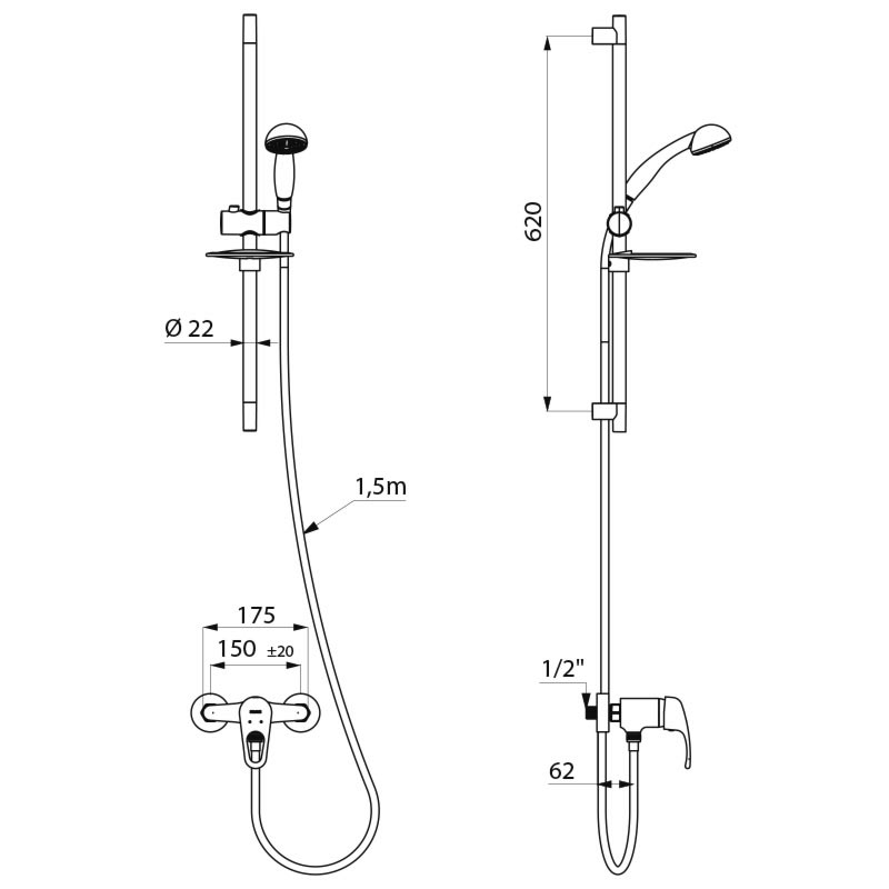 Shower riser rail with EP mechanical mixer - scheme