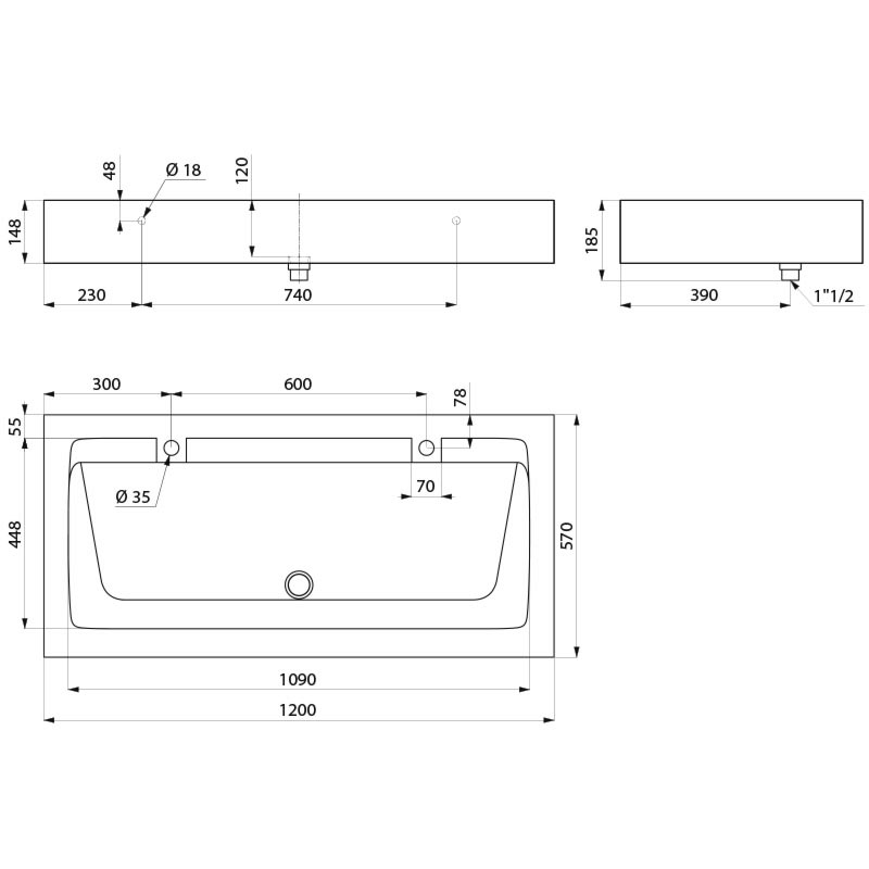 Wall-mounted MINERALCAST wash trough - scheme