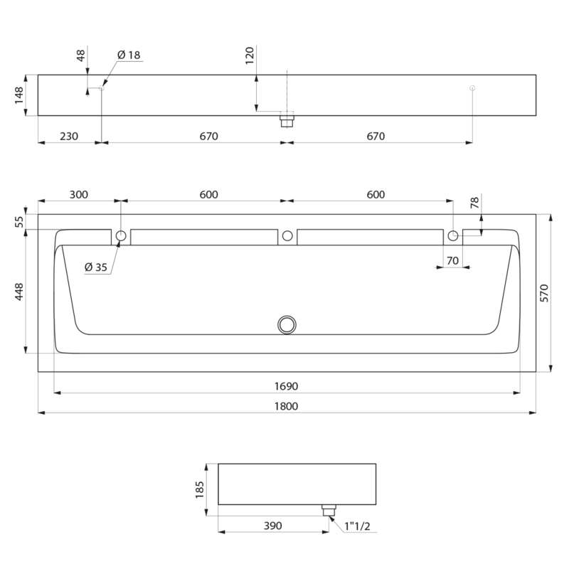 Wall-mounted MINERALCAST wash trough - scheme