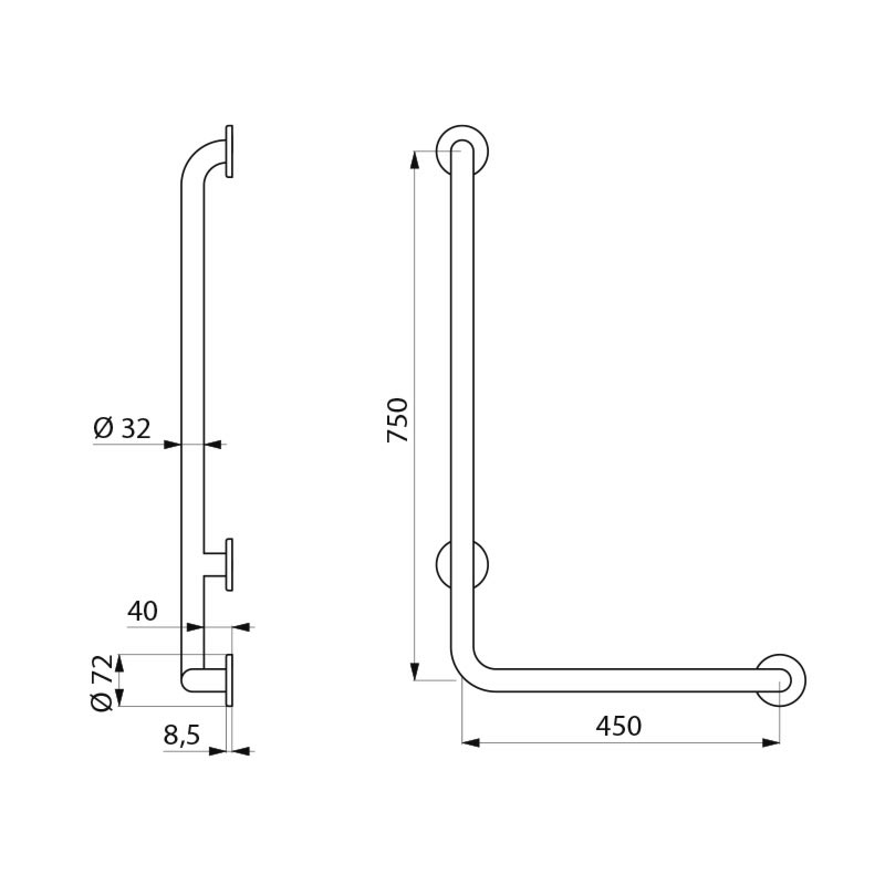 L-shaped stainless steel grab bar, bright, H. 750mm - scheme