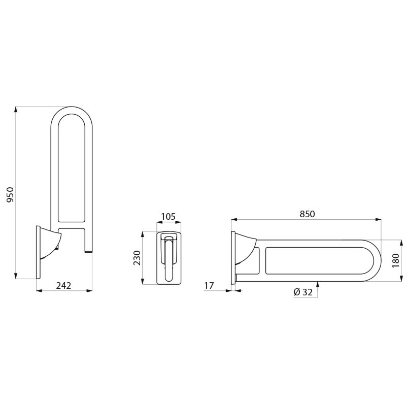 Stainless steel drop-down rail, satin, L. 850mm - scheme
