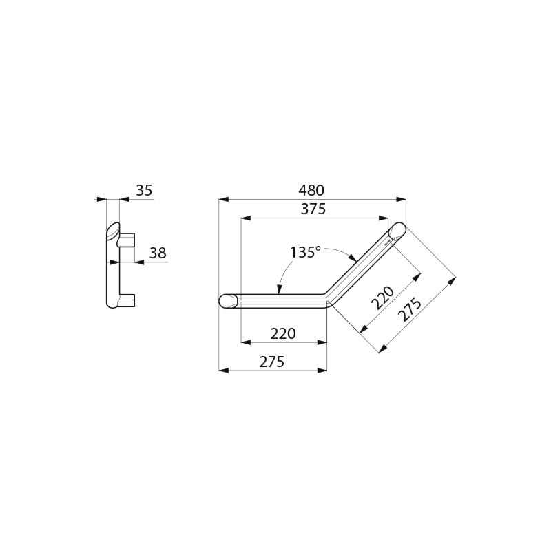 Be-line¨ anthracite angled grab bar 135¡, 220 x 220mm - scheme