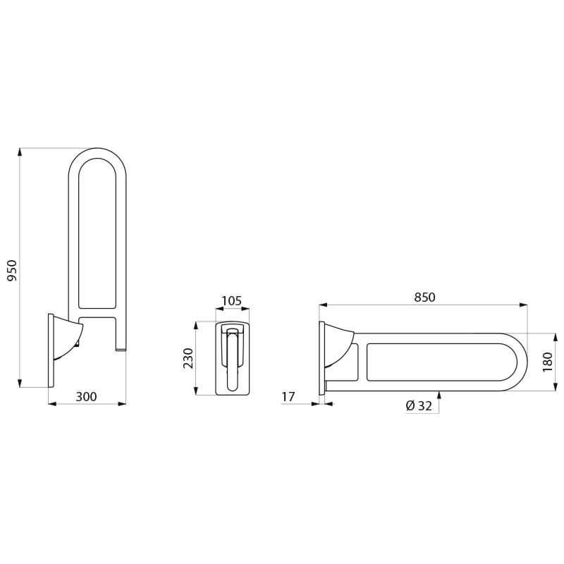 White anti-bacterial Nylon drop-down rail, L. 850mm - scheme