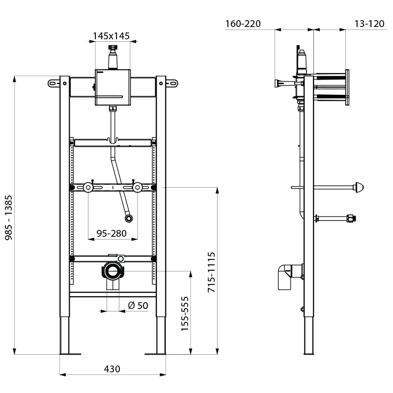 TEMPOFIX 3 frame system for urinals - scheme