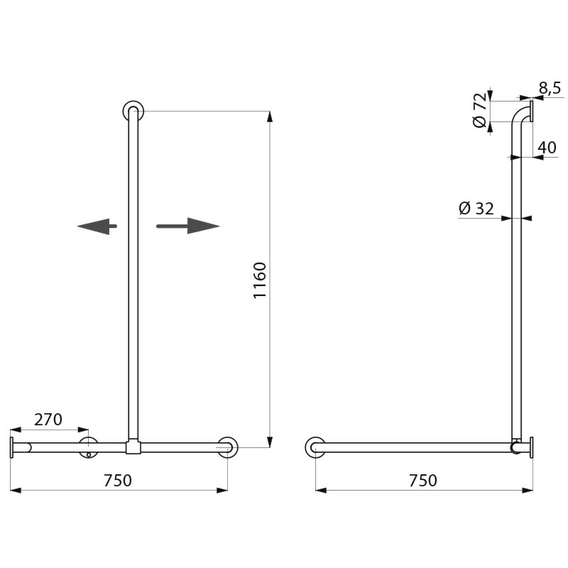 Corner grab bar with sliding vertical bar, bright stainless steel - scheme