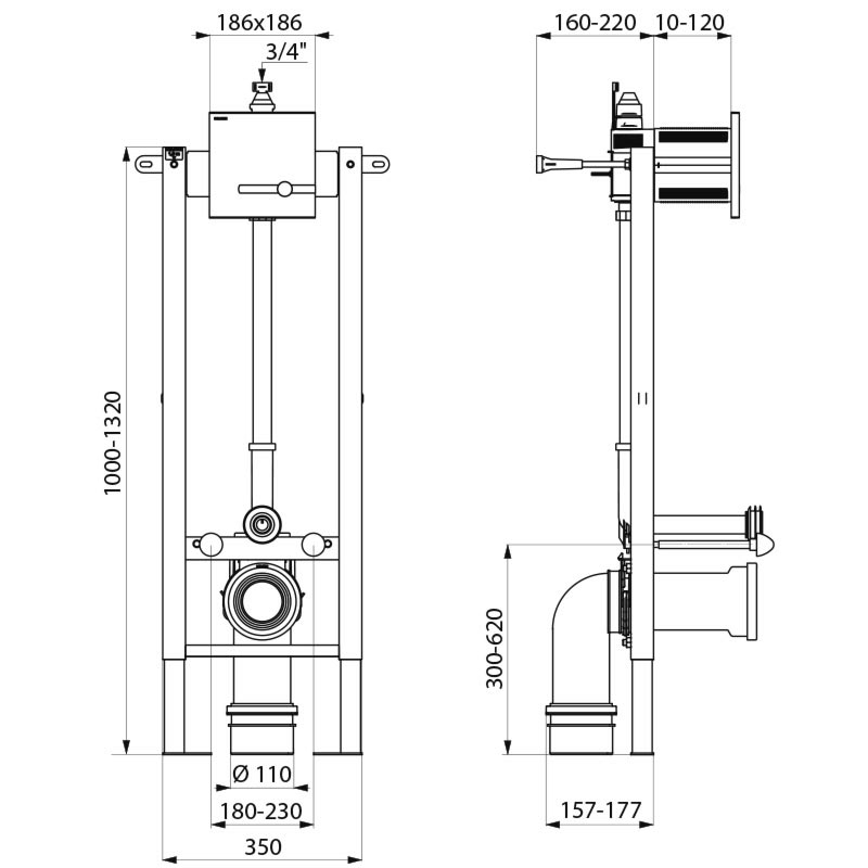 TEMPOFIX 3 wall-mounted frame system with electronic WC valve - scheme