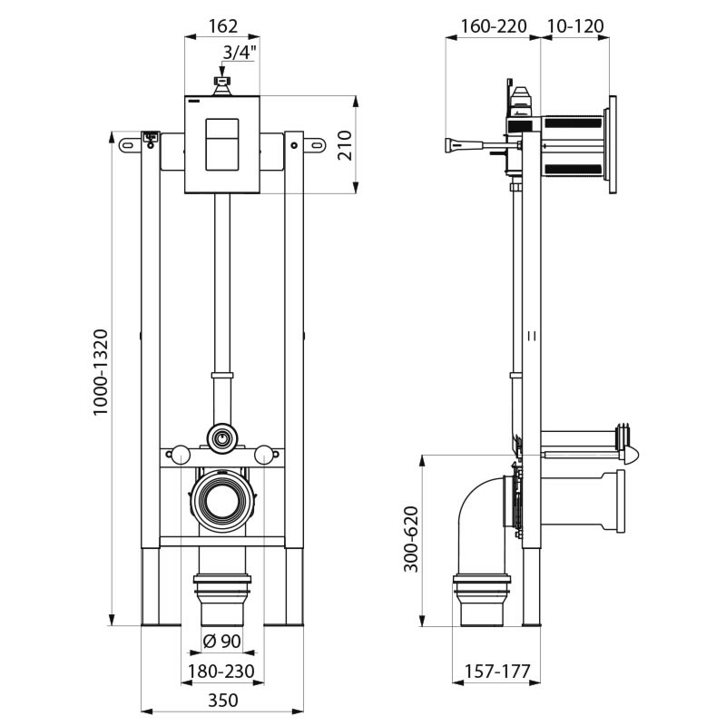 TEMPOFIX 3 wall-mounted frame system with time flow WC valve - scheme