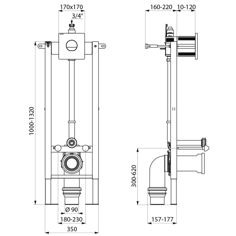 TEMPOFIX 3 wall-mounted frame system with time flow WC valve - scheme
