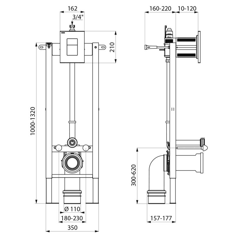 TEMPOFIX 3 wall-mounted frame system with time flow WC valve - scheme
