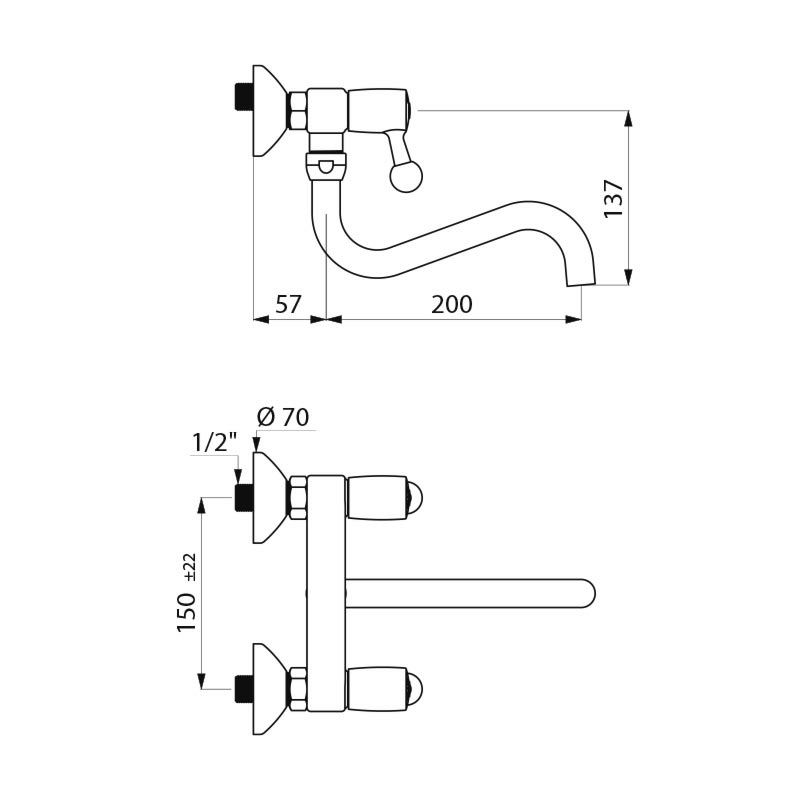 Wall-mounted twin hole mixer - 60 lpm - scheme