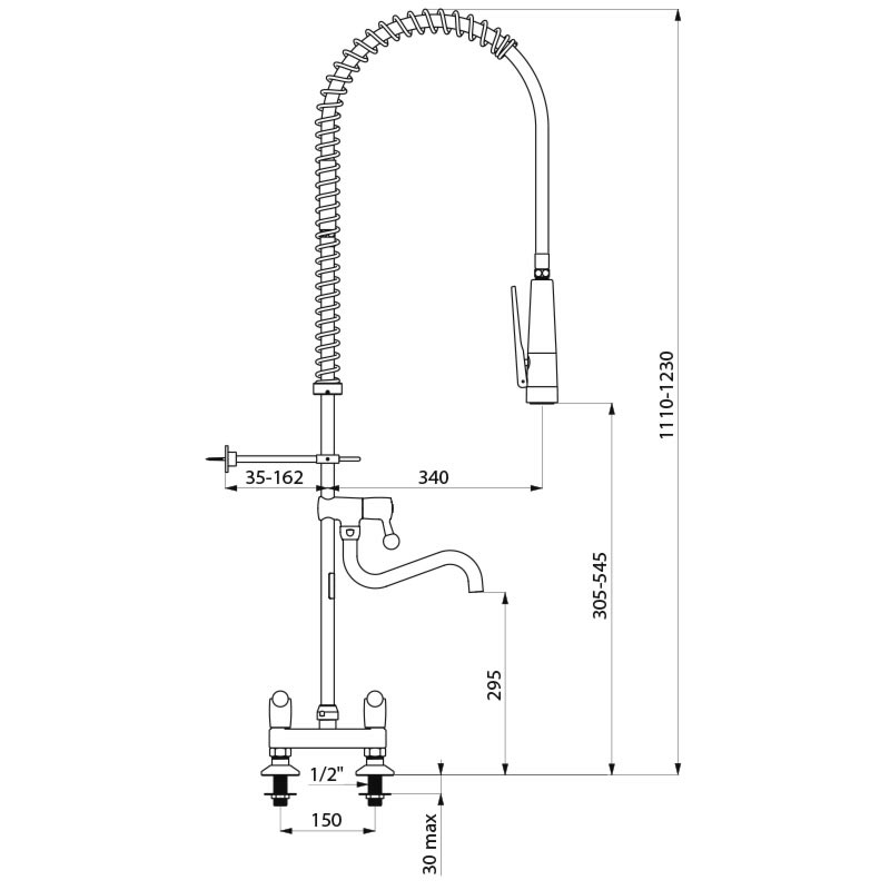 Twin hole pre-rinse mixer set with swivelling tubular spout - scheme