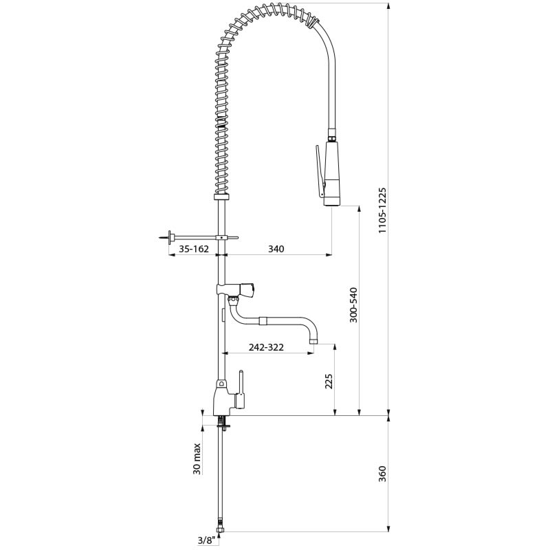 Single hole pre-rinse set with mixer and telescopic spout - scheme