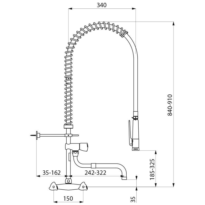 Wall-mounted pre-rinse set with mixer and telescopic spout - scheme