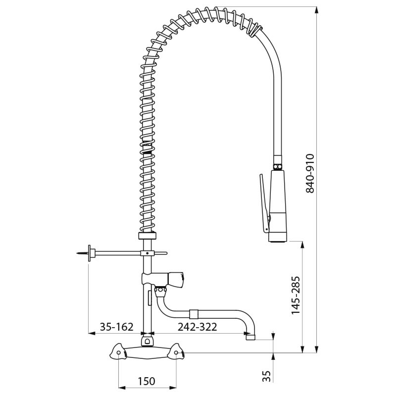 Wall-mounted pre-mounted set with mixer and telescopic spout - scheme